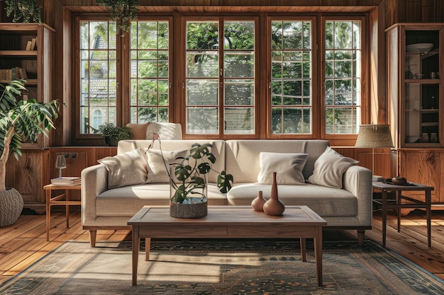 Wooden living room interior with couch and armchairs with coffee table window