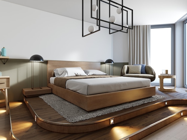 Wooden loft style bedroom with wooden podium for stand bed. Eco design scheme is bright and minimalistic with rotang chair and worktop table. 3D rendering.