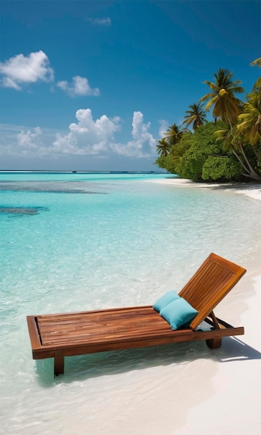 a wooden lounge chair is on the beach with palm trees in the background