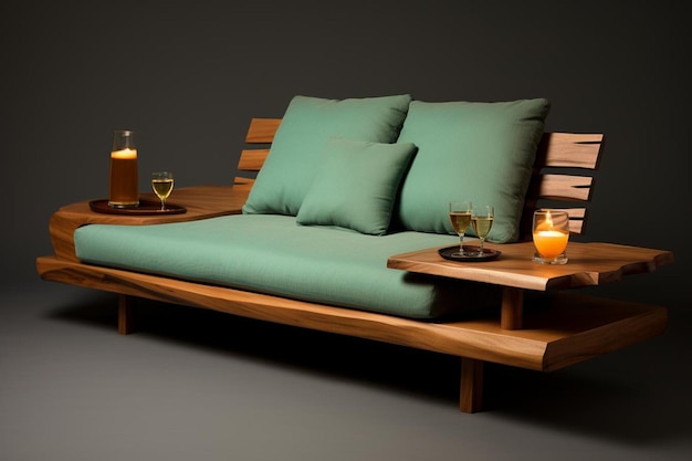 Photo a wooden lounge chair with two green pillows and two glasses of wine