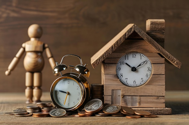 Wooden mannequin with house model coins and alarm clock on a desk symbolizing time and investment in real estate