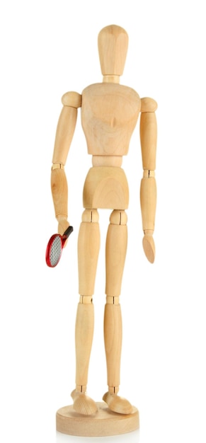 Wooden mannequin with tennis racket isolated on white