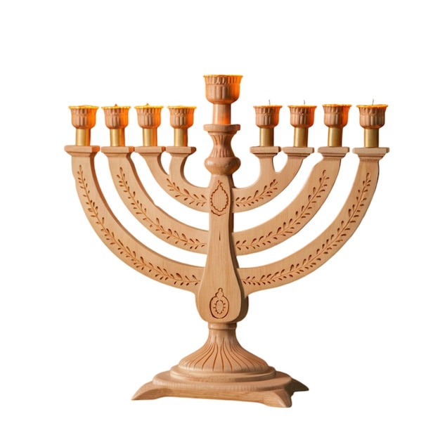 Wooden menorah with carved details and unlit candles