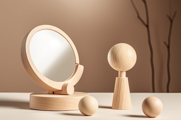 Wooden Mirror and Three Balls on Table Generative AI