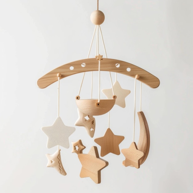 Wooden mobile with stars hanging from it in a soothing nursery setting