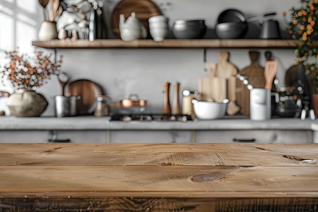 Wooden mock up table on background of kitchen interior with kitchenware