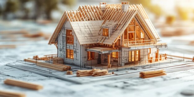 Photo a wooden model house under construction with blueprint