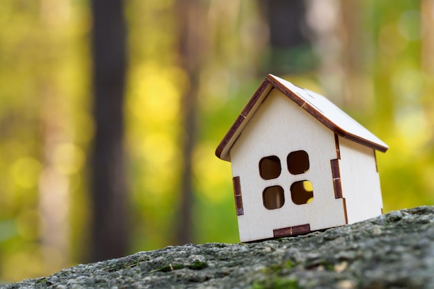 A wooden model of a house in the forest The concept of investing money in your own housing House in the autumn forest