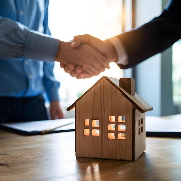 Photo wooden model house with handshake background housing agreement or business deal