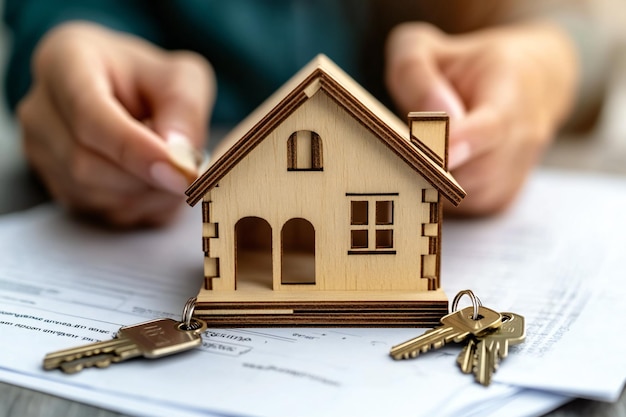 a wooden model house with keys on top of it and a person holding a key