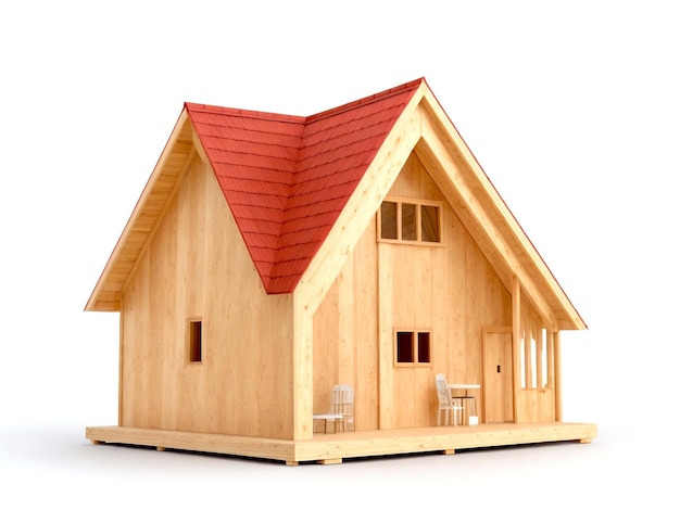 a wooden model house with a shingled roof and a shingled roof