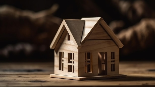 A wooden model of a house with a wooden roof.