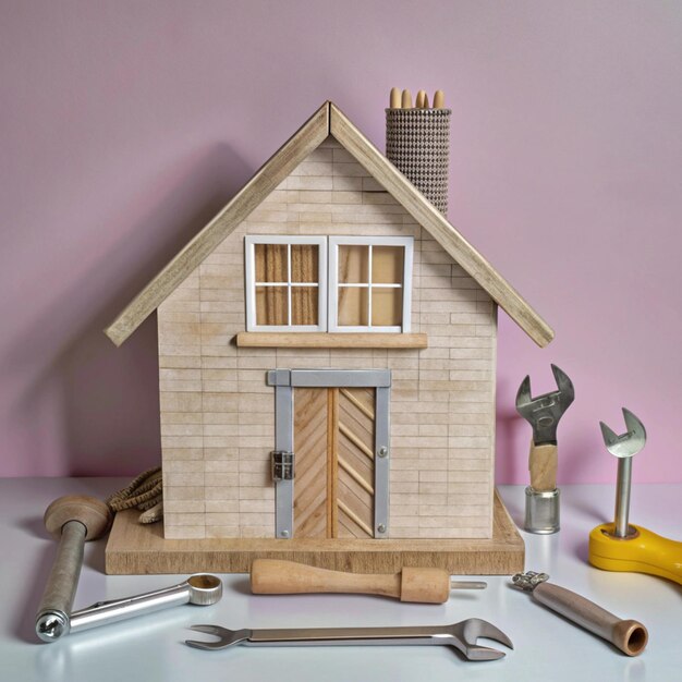 Photo a wooden model house with a wrench and a wrench on it