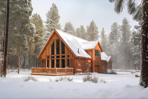 Wooden modern cozy barnhouse house in the forest in winter