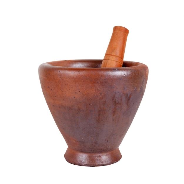 Wooden mortar and pestle on white background