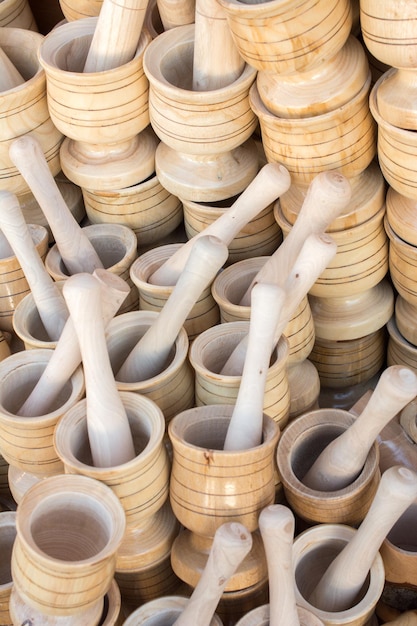 Wooden mortars and pestles as a kitchenware