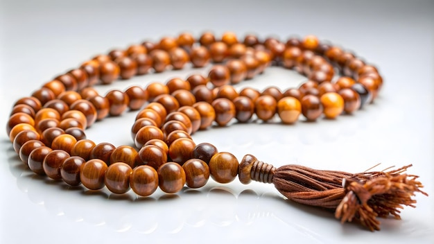 Photo a wooden necklace with beads on it is on a white surface