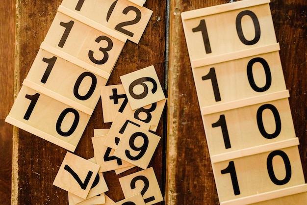 Wooden numbers in tables to learn mathematics in a Montessori classroom