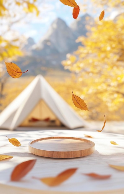 a wooden object with a yellow leaf on it is sitting on a table with autumn leaves