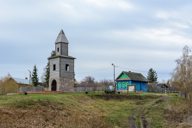 A wooden observation tower on a high mountain on the coast of the Volga River. Tower is a copy of the tower built during the founding of the military town Tetyushi.