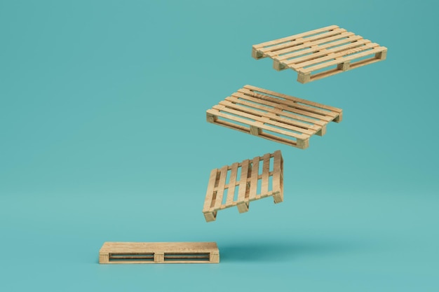 Wooden pallets flying on a yellow background 3D render