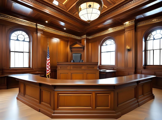 Photo wooden panel courtroom with elegant clock on the wall