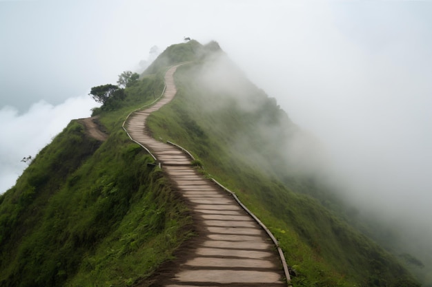 a wooden path going up a hill with a foggy sky