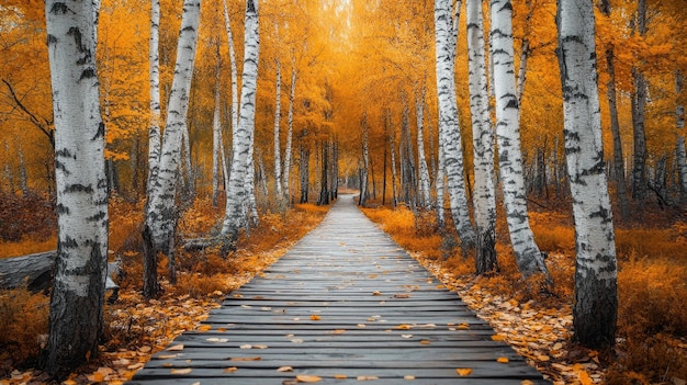 Wooden path leading through birch trees with golden autumn leaves