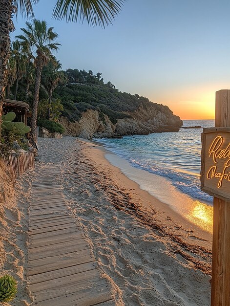 a wooden path leads to a beach with a sign that saysbaron it