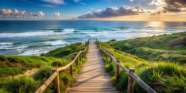 Photo a wooden path leads to a beach with a wooden boardwalk leading to the ocean