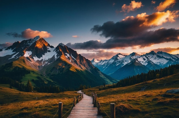 Photo a wooden path leads to a mountain with a staircase leading to it