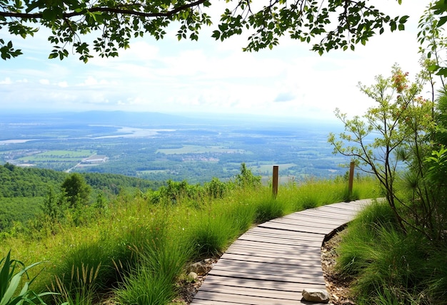 Photo a wooden path leads to a mountain with a view of a city