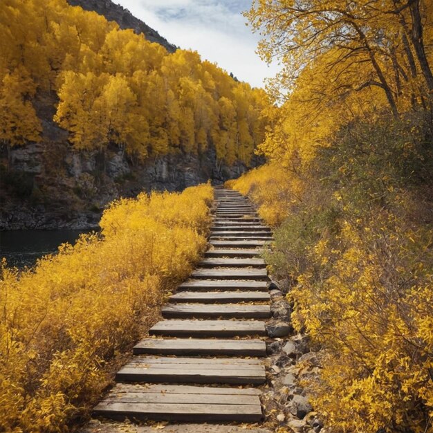 Photo a wooden path leads to a river with trees on the side and a river in the background