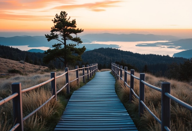 a wooden path leads to a wooden walkway that leads to a lake