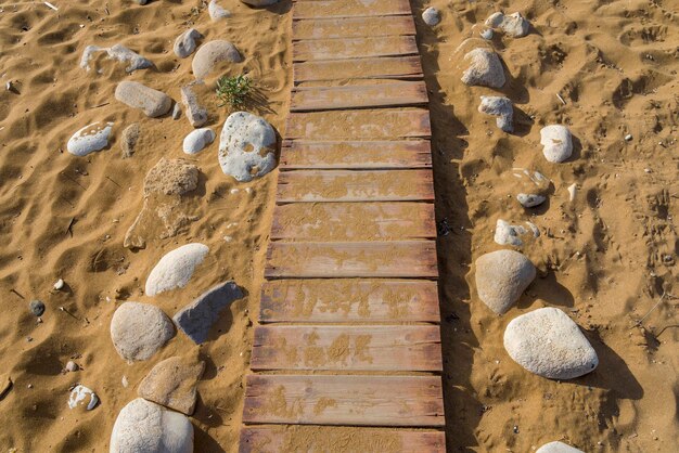 Wooden path on the sand to the sea