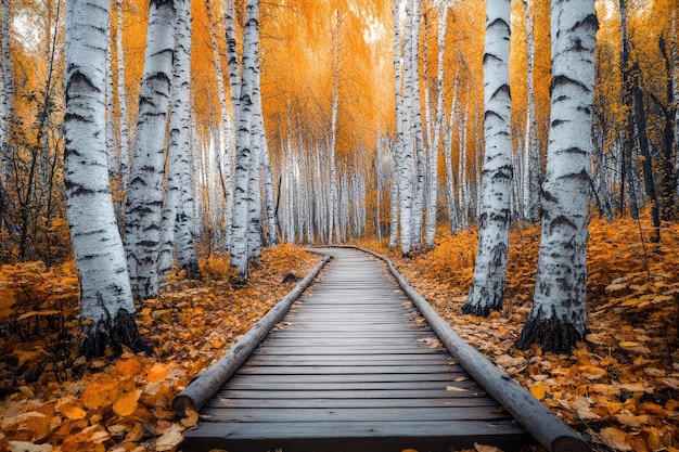 Wooden path winding through a birch forest in autumn