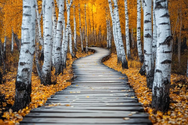 Wooden path winding through forest of birch trees with yellow leaves