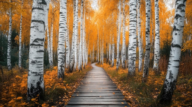 Wooden path winding through a vibrant birch forest in autumn