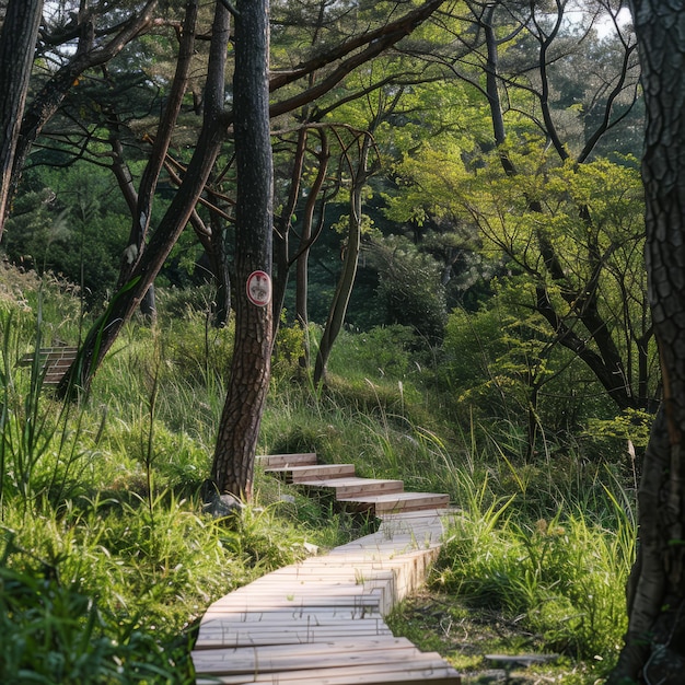 Photo a wooden path winds through a lush forest leading towards a grassy hillside