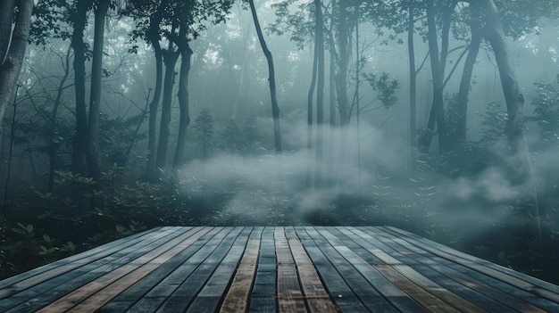 Wooden pathway disappearing into a misty forest with a wooden platform background