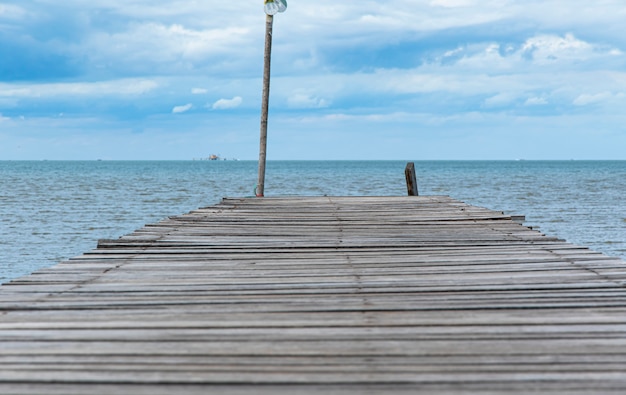 Wooden pathway end of the sea and blue sky