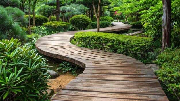 Wooden pathway meandering through a peaceful garden with a wooden platform background