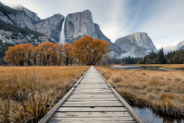 Photo wooden pathway through autumn meadow toward waterfall in yosemite national park