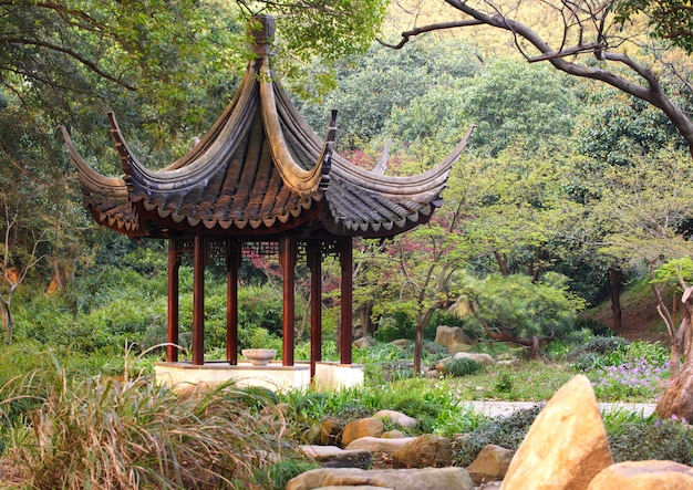 Wooden pavilion in the chinese garden. Tiger Hill, Suzhou, China.