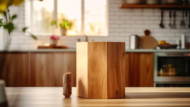 Wooden pedestal on table in kitchen interior and free space for your decoration Generative Ai