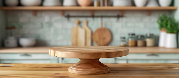 Wooden pedestal on table in kitchen interior and free space