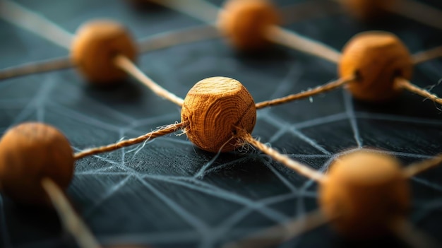 Wooden pegs connected by string represent communication technology in a network design concept