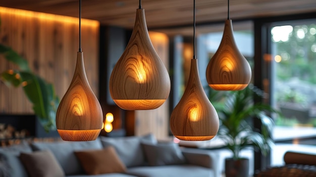 Photo wooden pendant lights in a modern interior