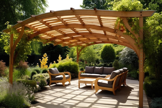 Wooden pergola for garden seating Generative AI