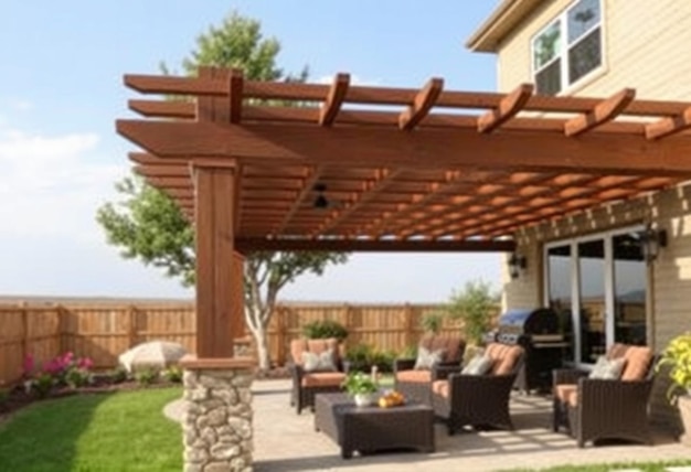 a wooden pergola with a wooden roof that says  the home is open